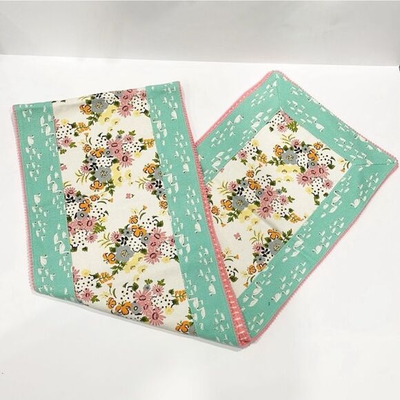 Matilda Jane Feathered Friend Table Runner Floral Aqua Stipe 88” X 13.5” Cotton - Picture 1 of 7